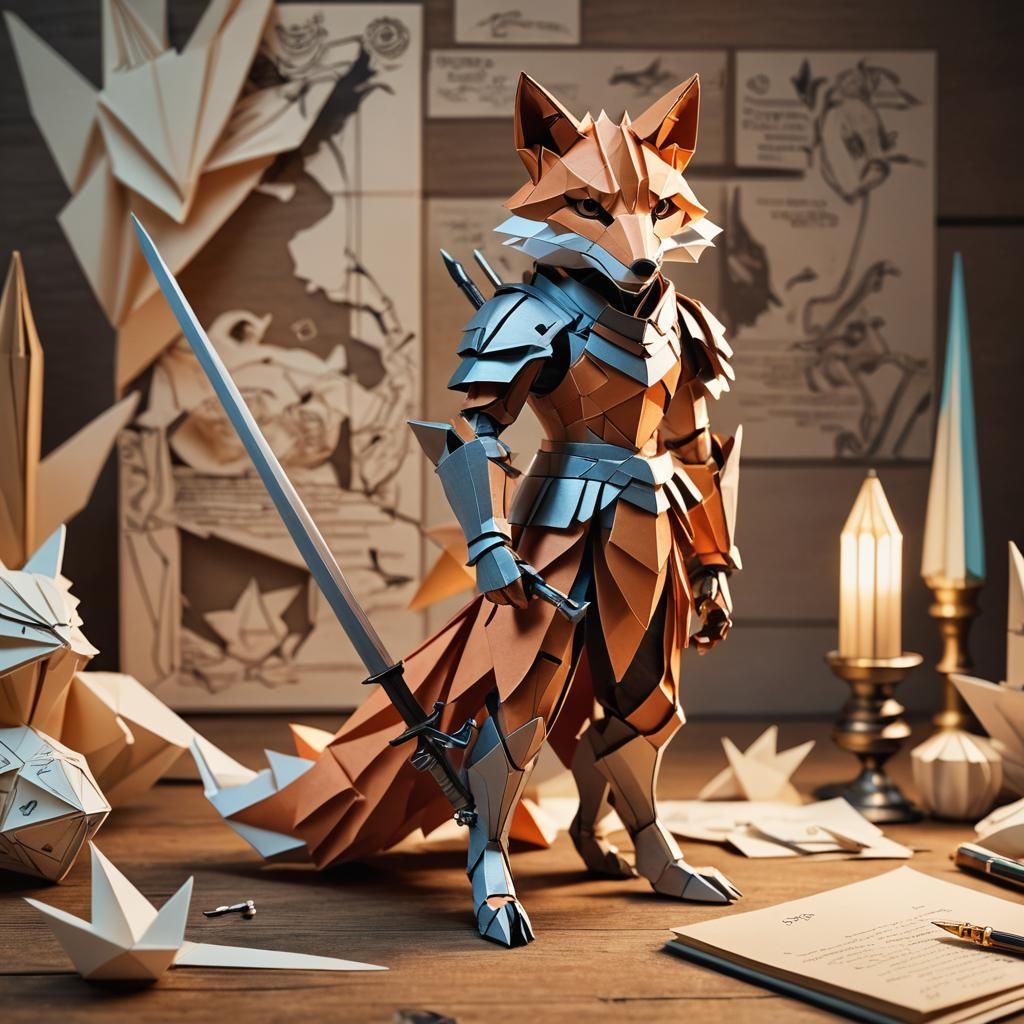 Hyper-Realistic Papercraft War Fox with Origami Armor