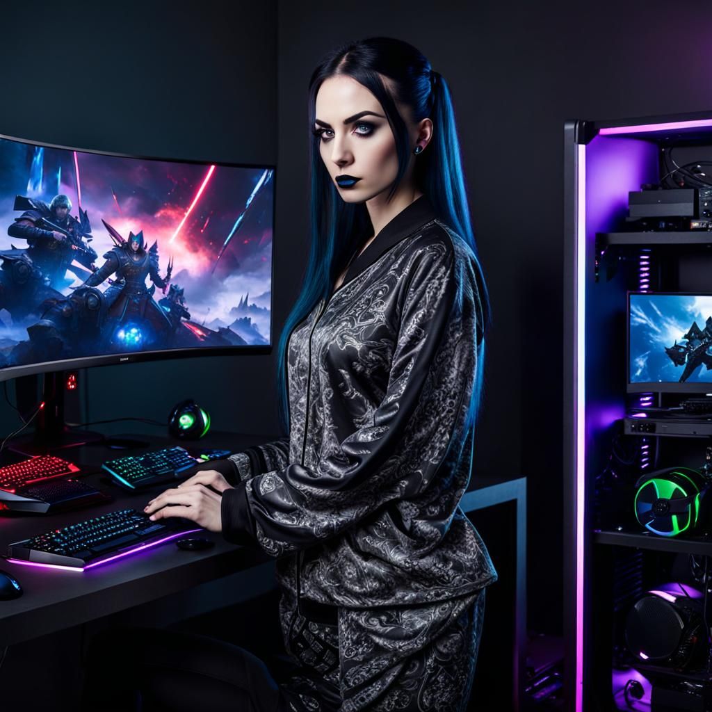 A serious goth gamer girl in pajamas facing the screen of at an Ultimate PC Gaming Set Up