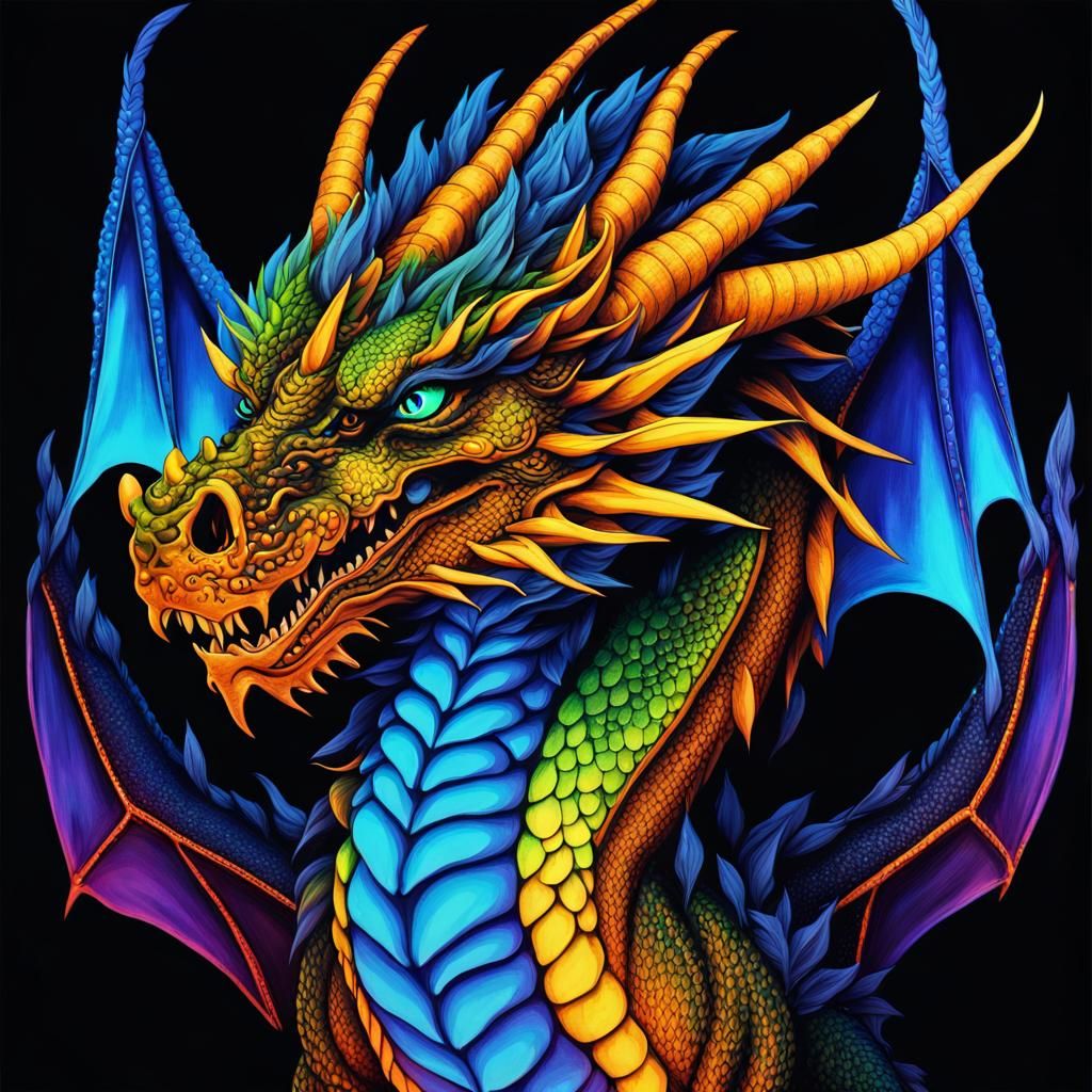 Luminescent Dragon on Black Velvet in UV Colors