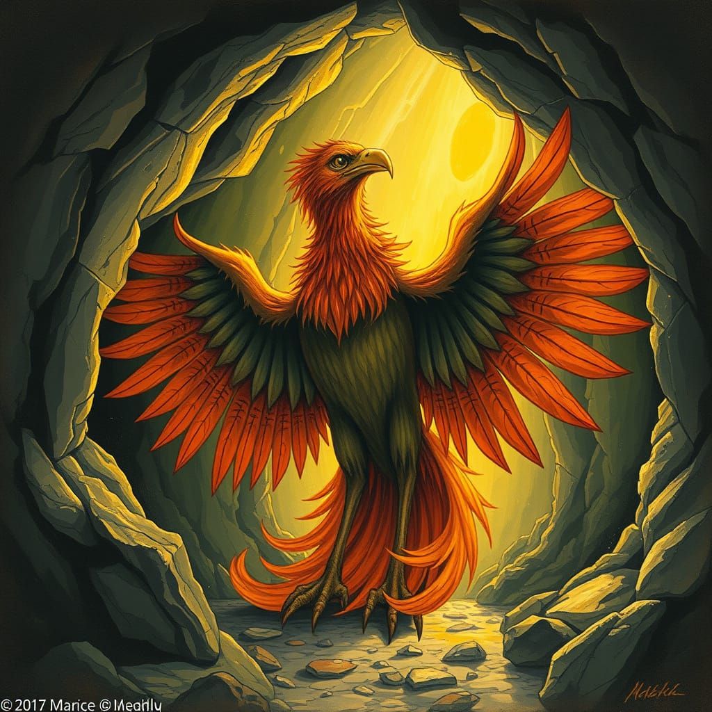 Trapped Phoenix in Cave: Grotesque Gouache Illustration