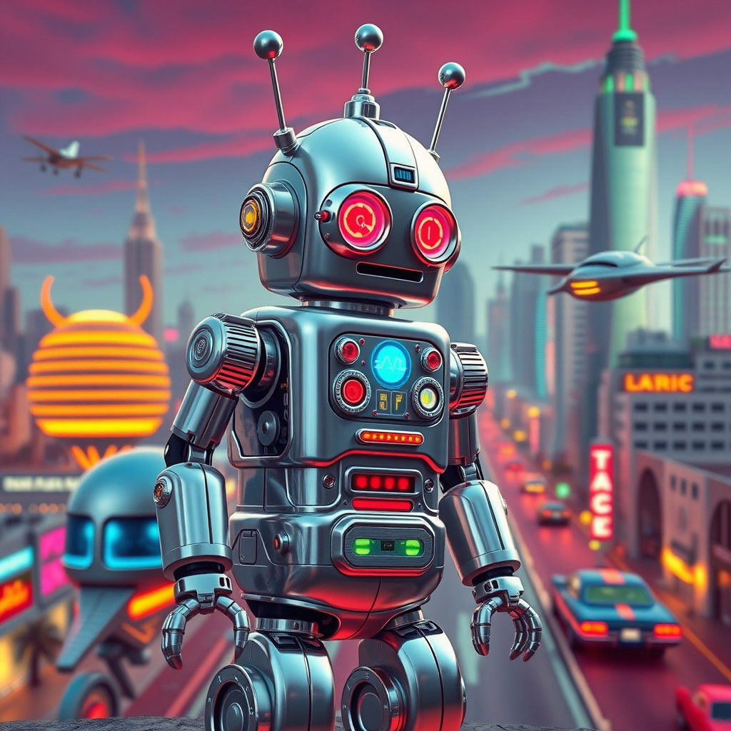 Retro-Futuristic Wind-Up Robot in 1950s Cityscape