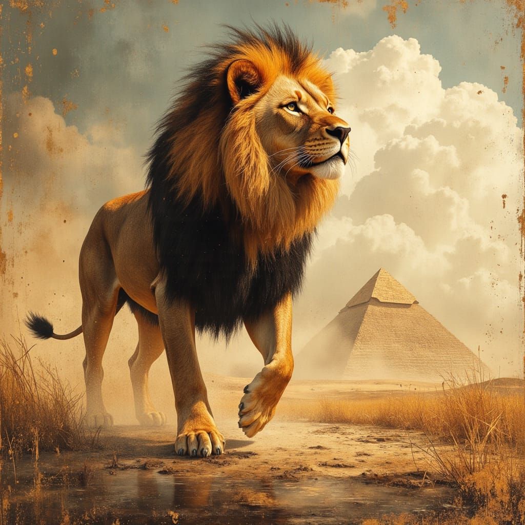 Majestic Lion on the Nile: Hyperrealistic Painting