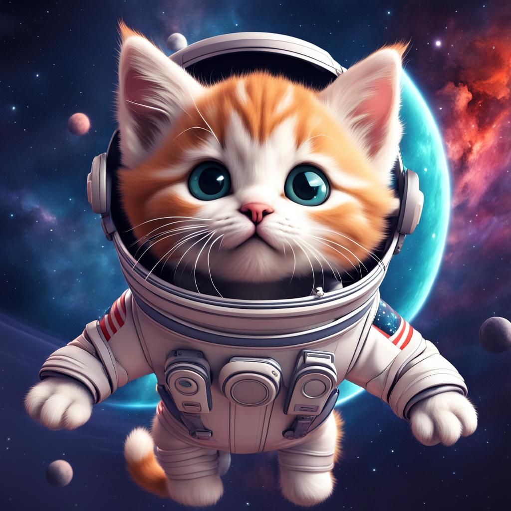 Cute Cartoon Kitten Astronaut in Space
