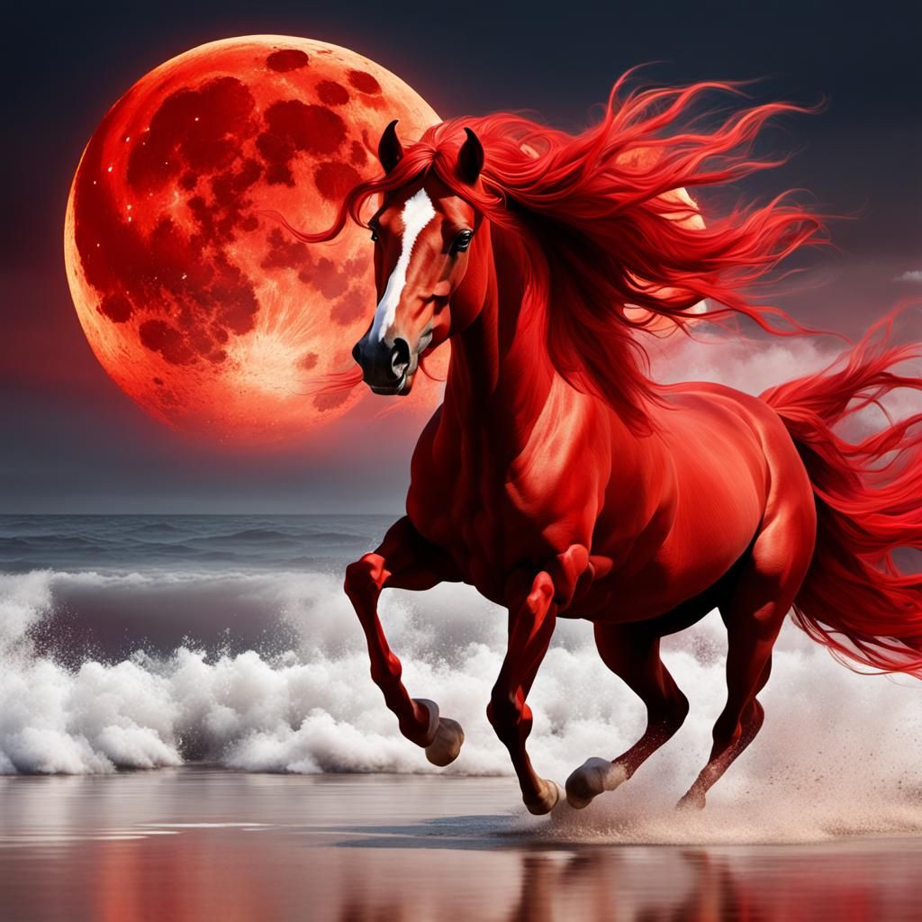 Vibrant Red Horse and Rider Under Red Moonlight