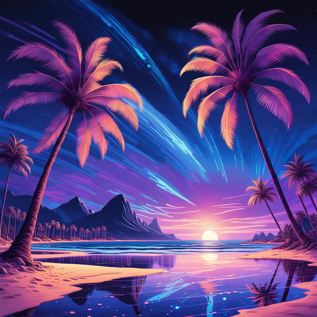 Surreal Palm Trees on Bioluminescent Beach