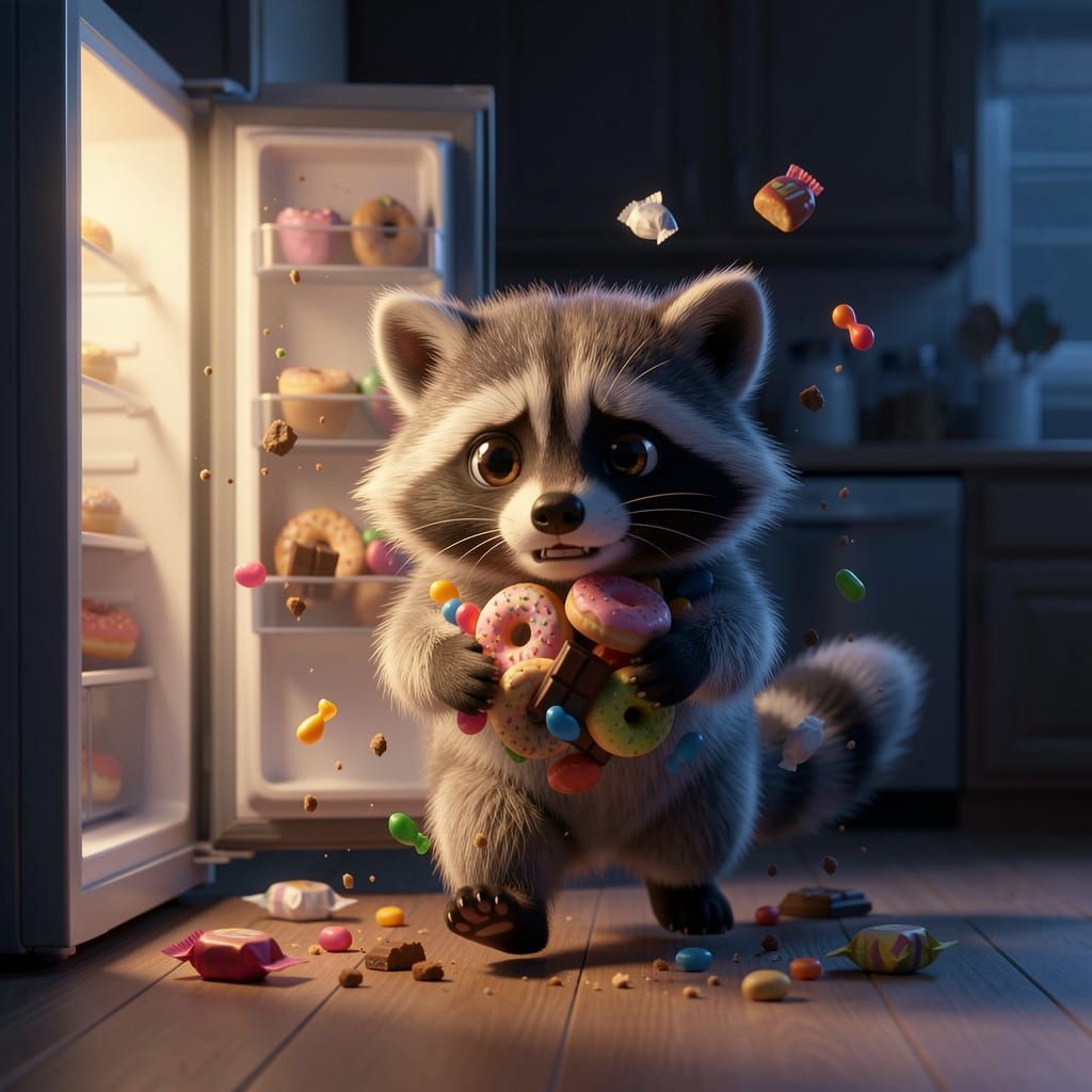 Chubby Baby Raccoon Caught Stealing Sweets