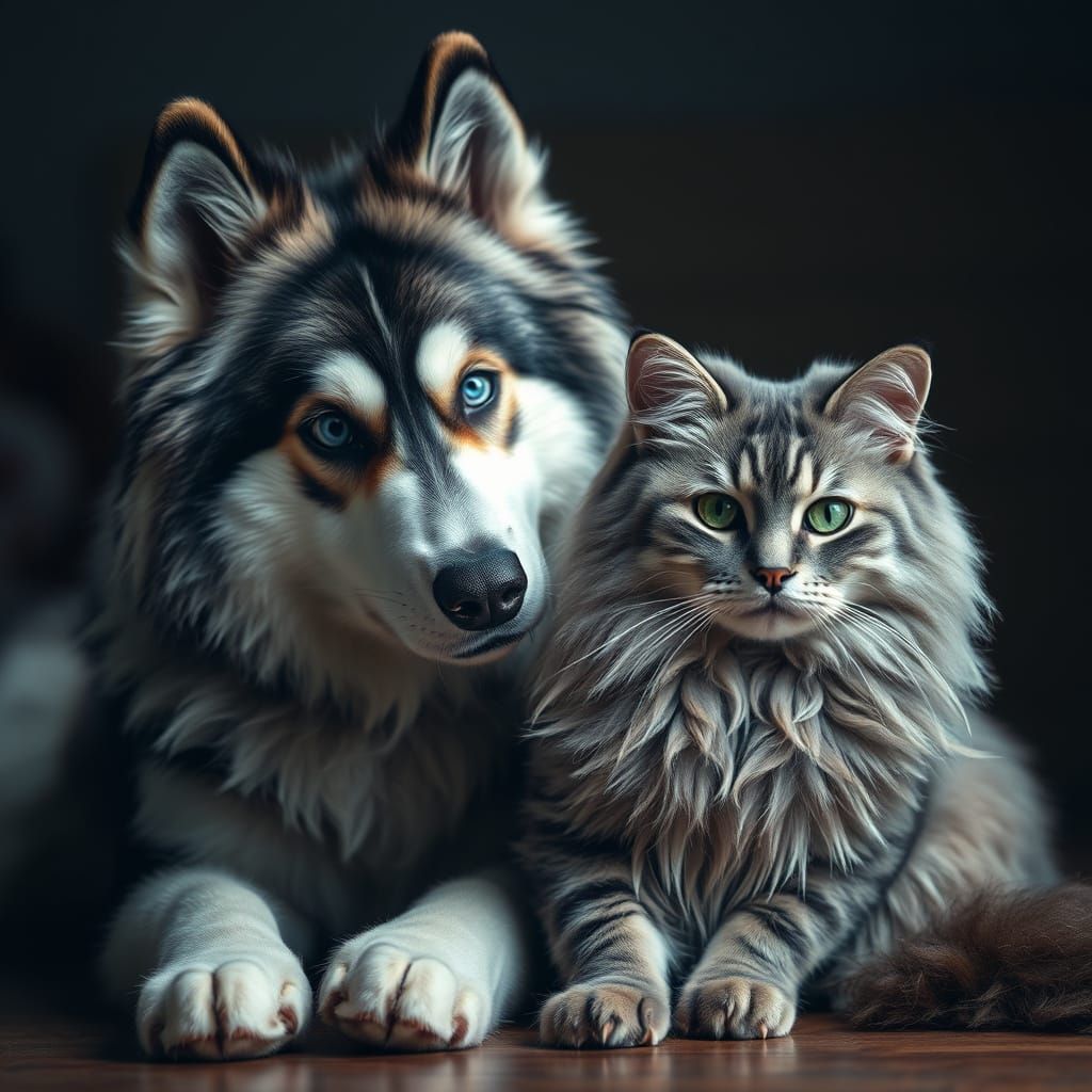 Grey Alaskan Malamute and Ragamuffin Cat in Intimate Moment