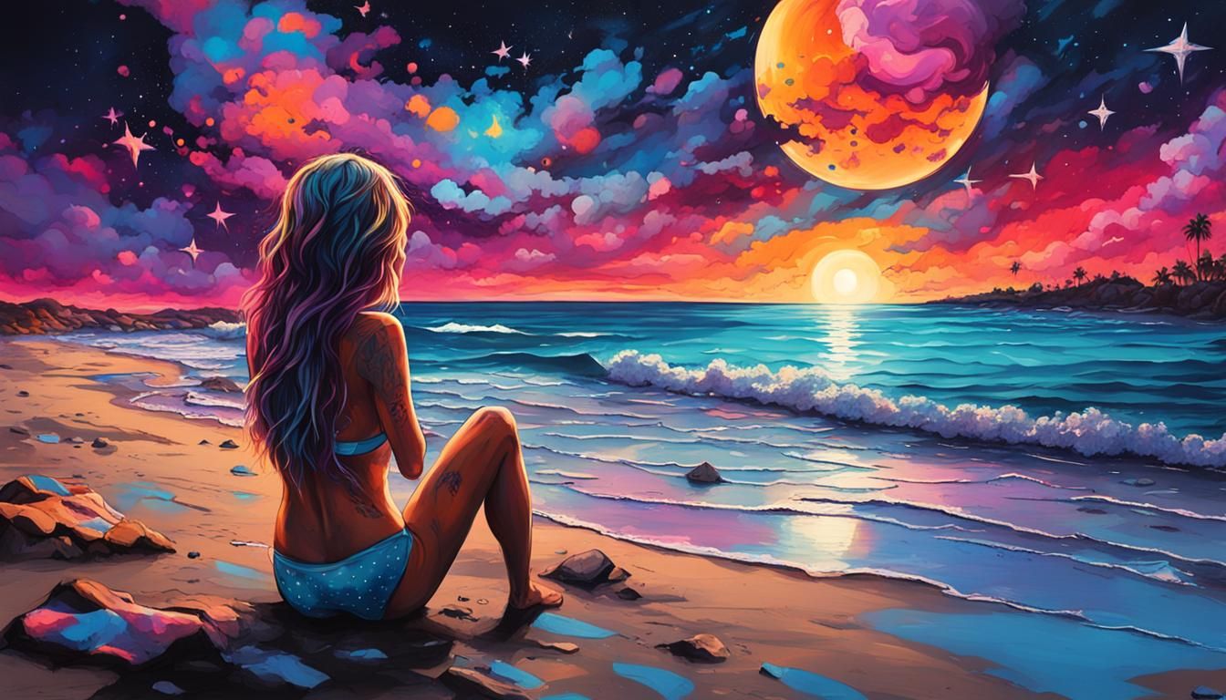 Bikini Woman Stargazing: Graffiti Splash Art