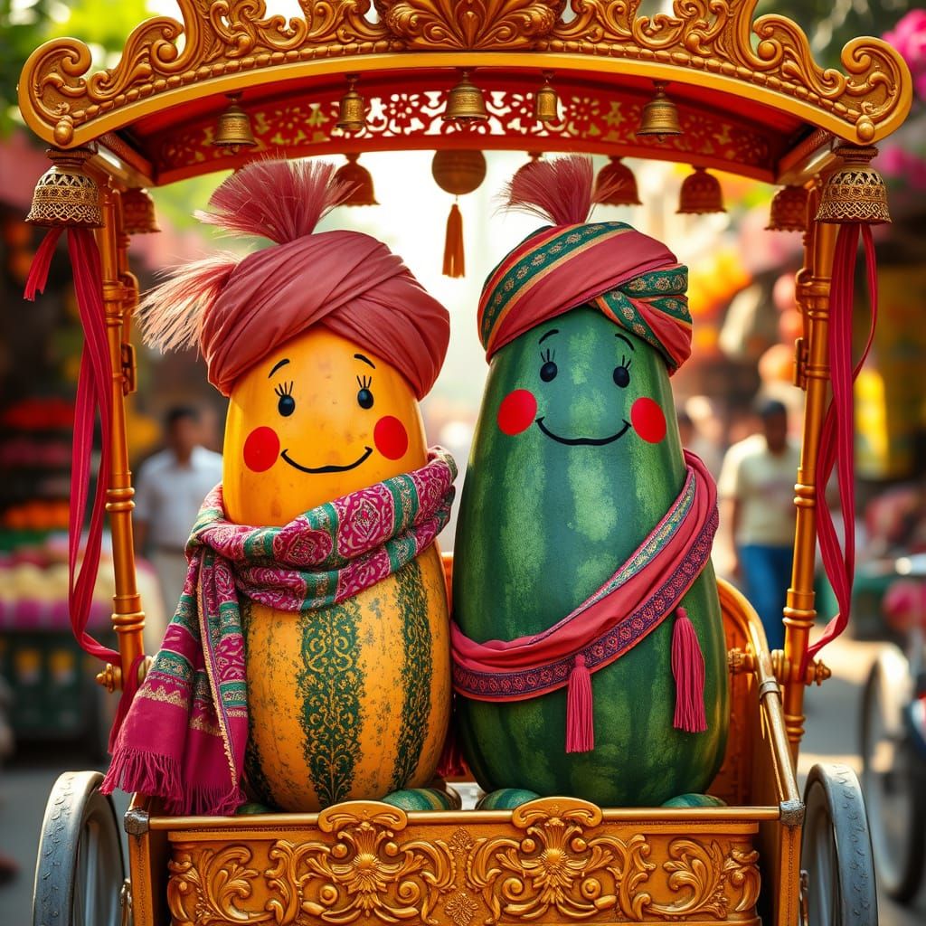 Colourful Fruits Ride Golden Rickshaw Through Vibrant Market