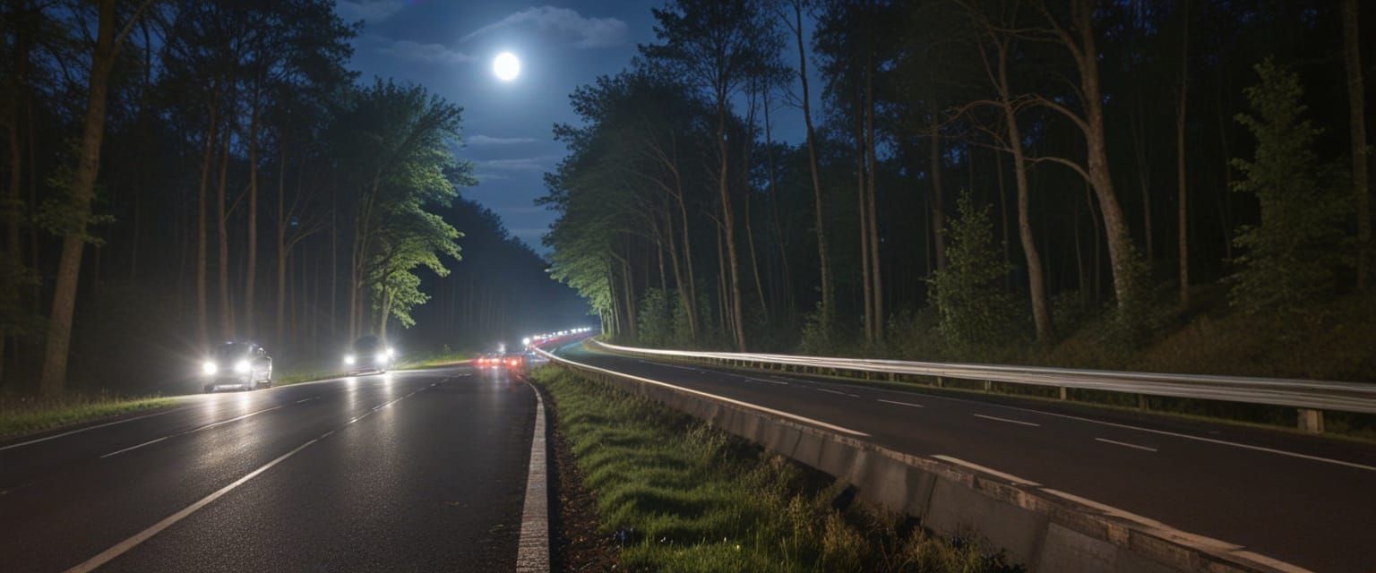 Motorway at Night Cutting Through Forest