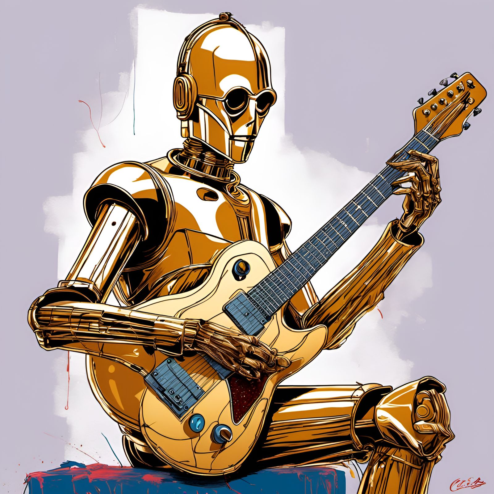 C-3PO Plays Electric Guitar: Digital Illustration