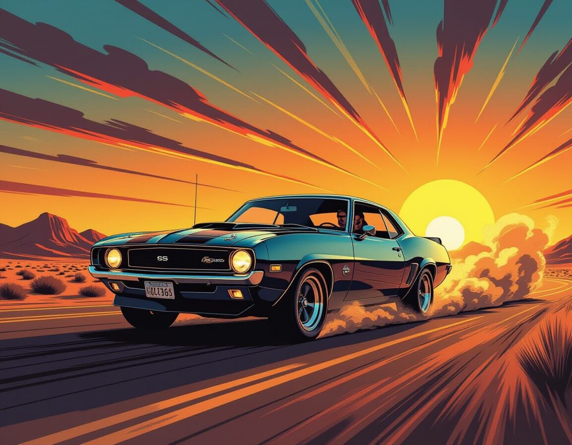 Vintage German Muscle Car on Desert Highway Comic Art