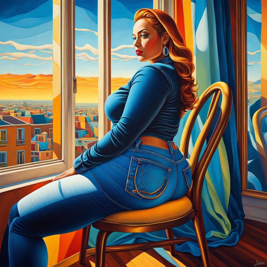 Surreal Woman in Jeans: Moebius-Inspired Oil Painting