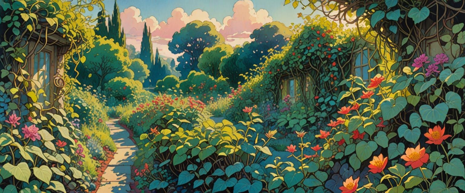 Vibrant Overgrown Garden in Early Morning Sunlight