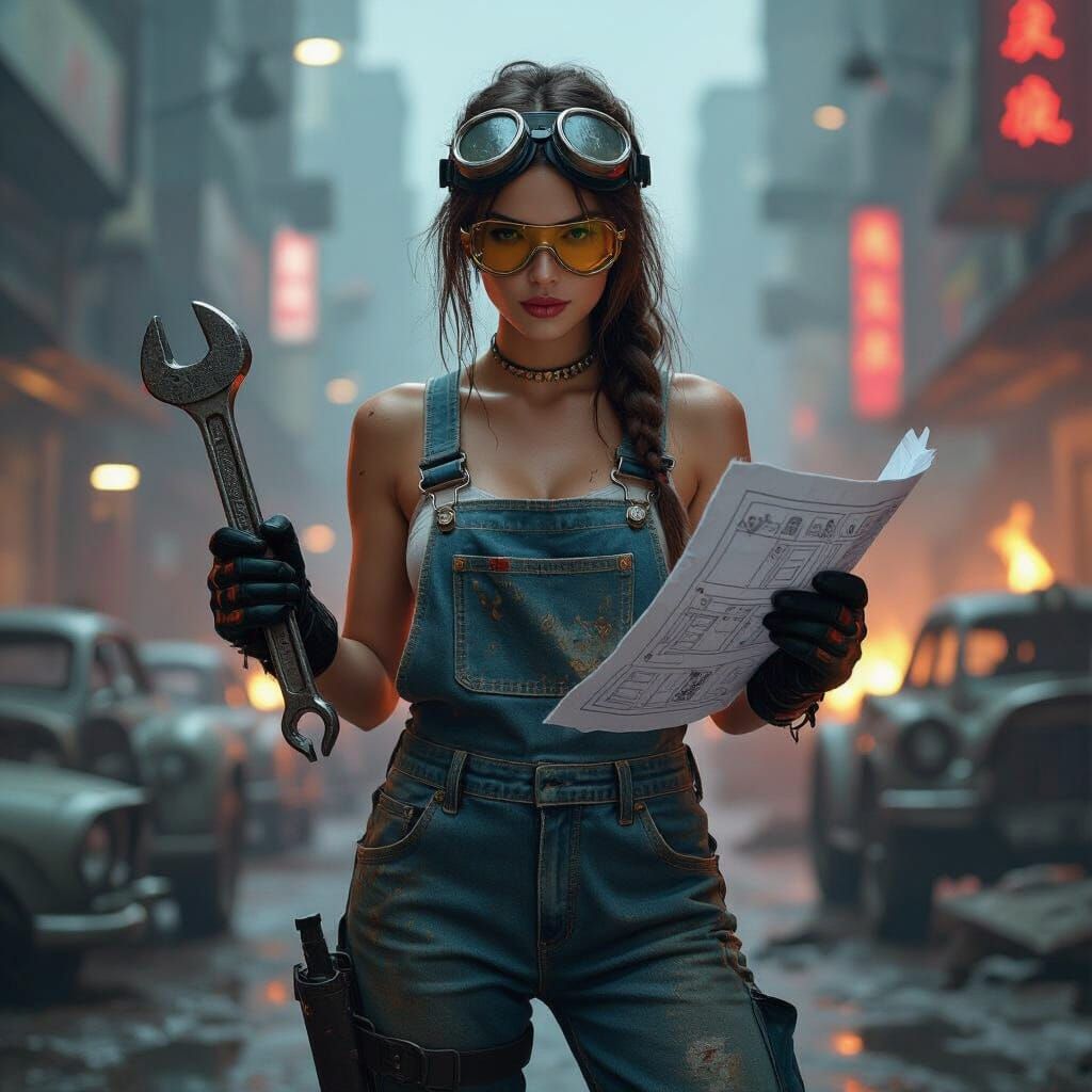Cyberpunk Demolition Queen in Neon-Lit Workshop