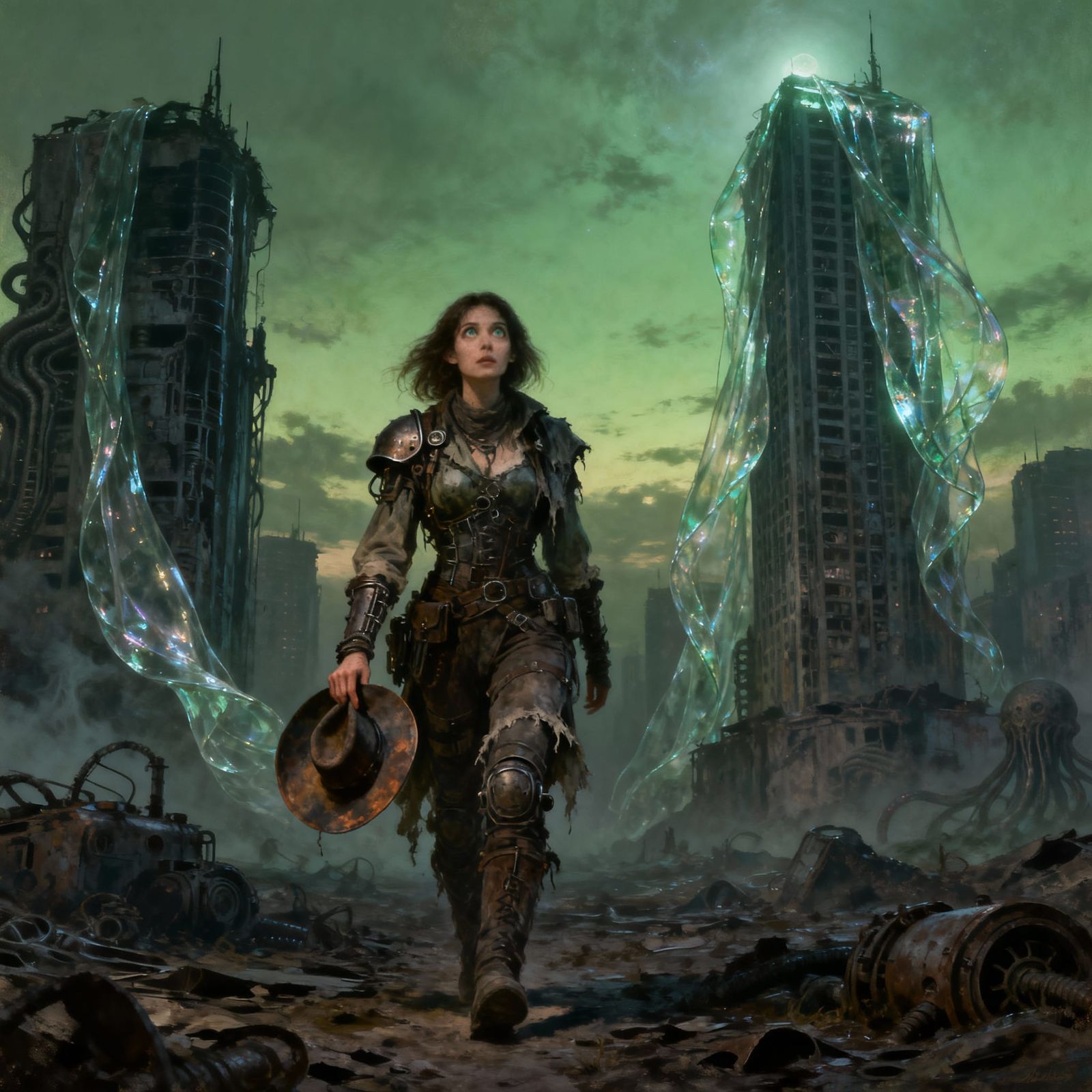 Woman in Dieselpunk Ruins Facing Cosmic Horror