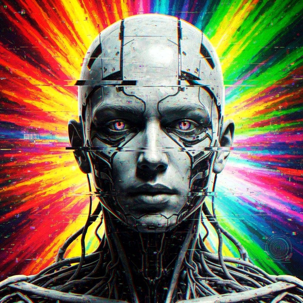 Distorted Cyborg Portrait in Glitch Art Style