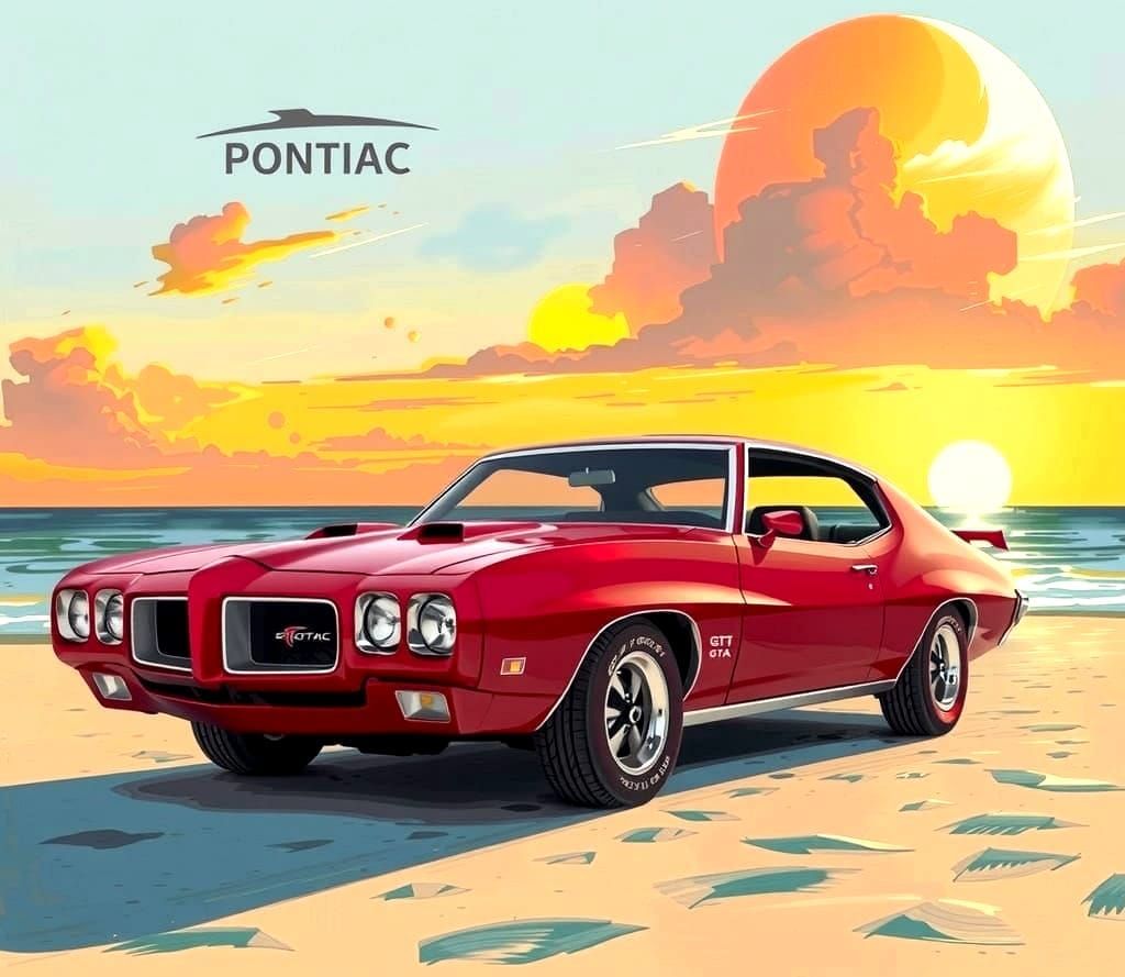 1970 Red Pontiac GTO on Beach at Sunset
