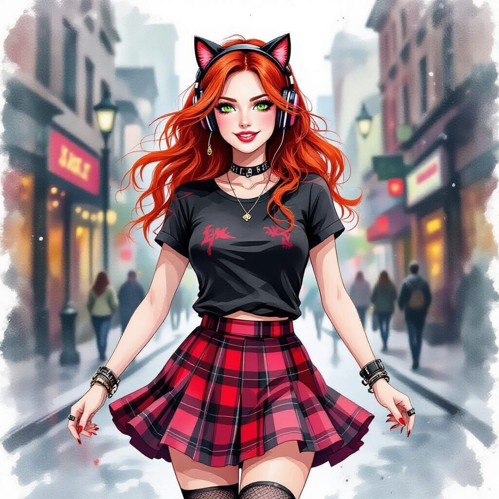 Woman Dancing in Gothic Fashion, Watercolor Style