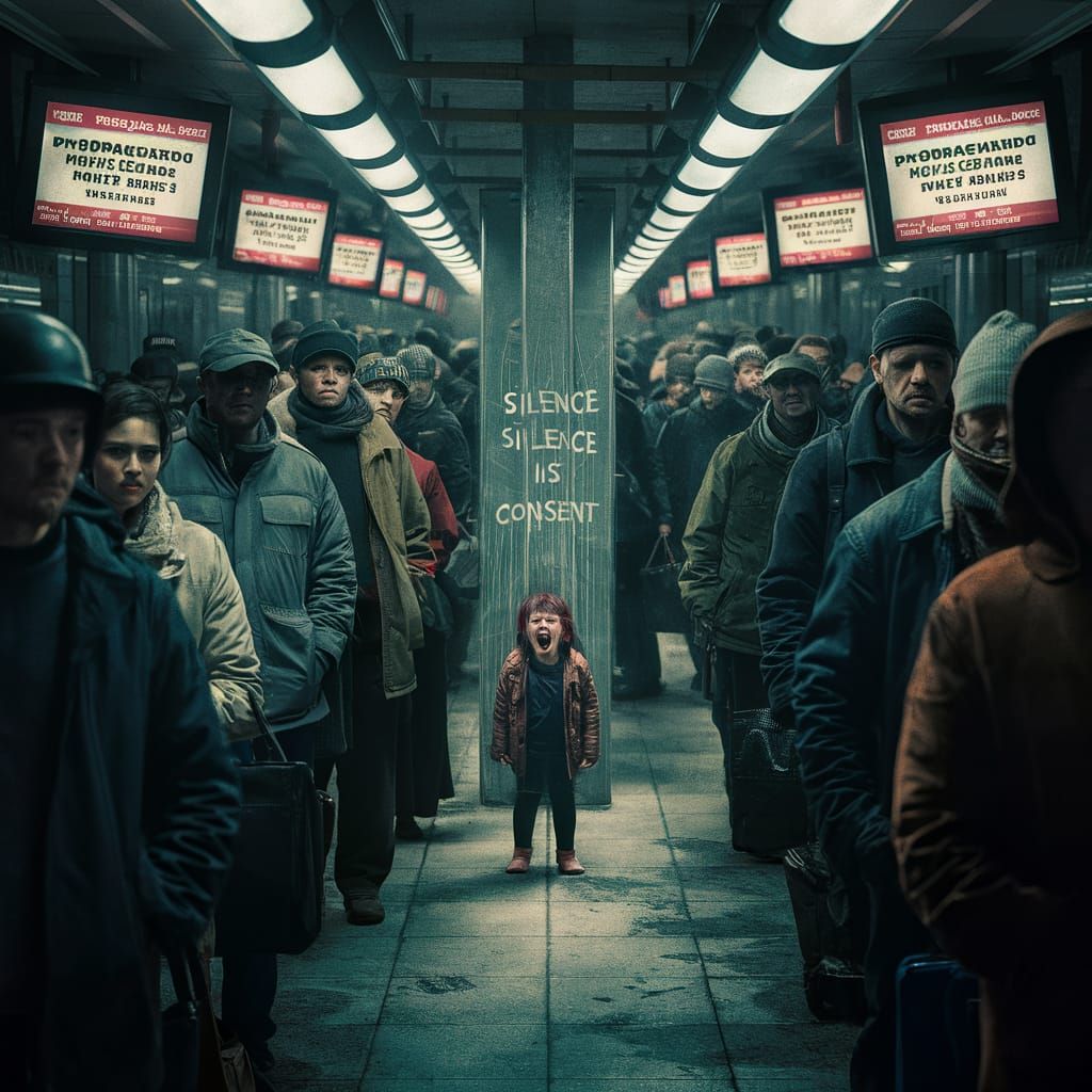 Silent Subway Station Under Propaganda Lights