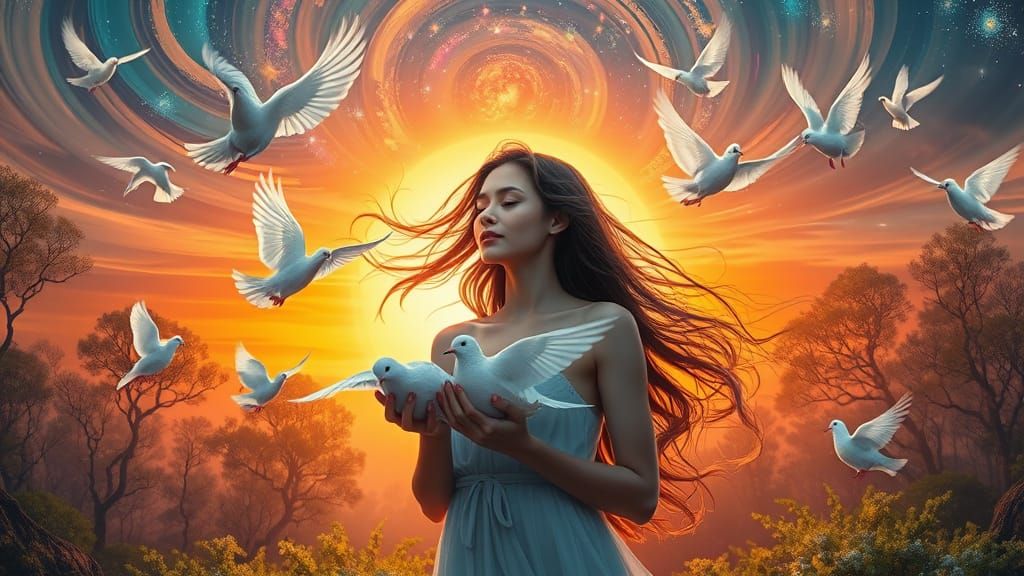 Woman with Doves in Surreal Cosmic Landscape