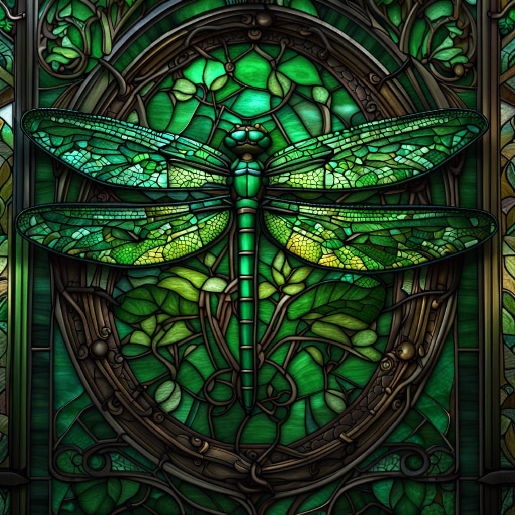 Emerald Dragonfly in Stained Glass Style