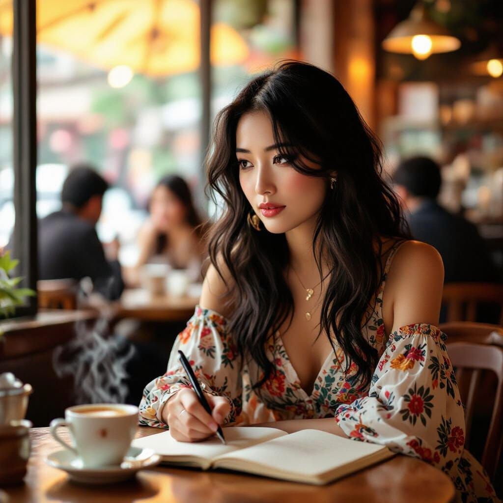 Pensive Woman in Cafe: Cinematic Bohemian Style