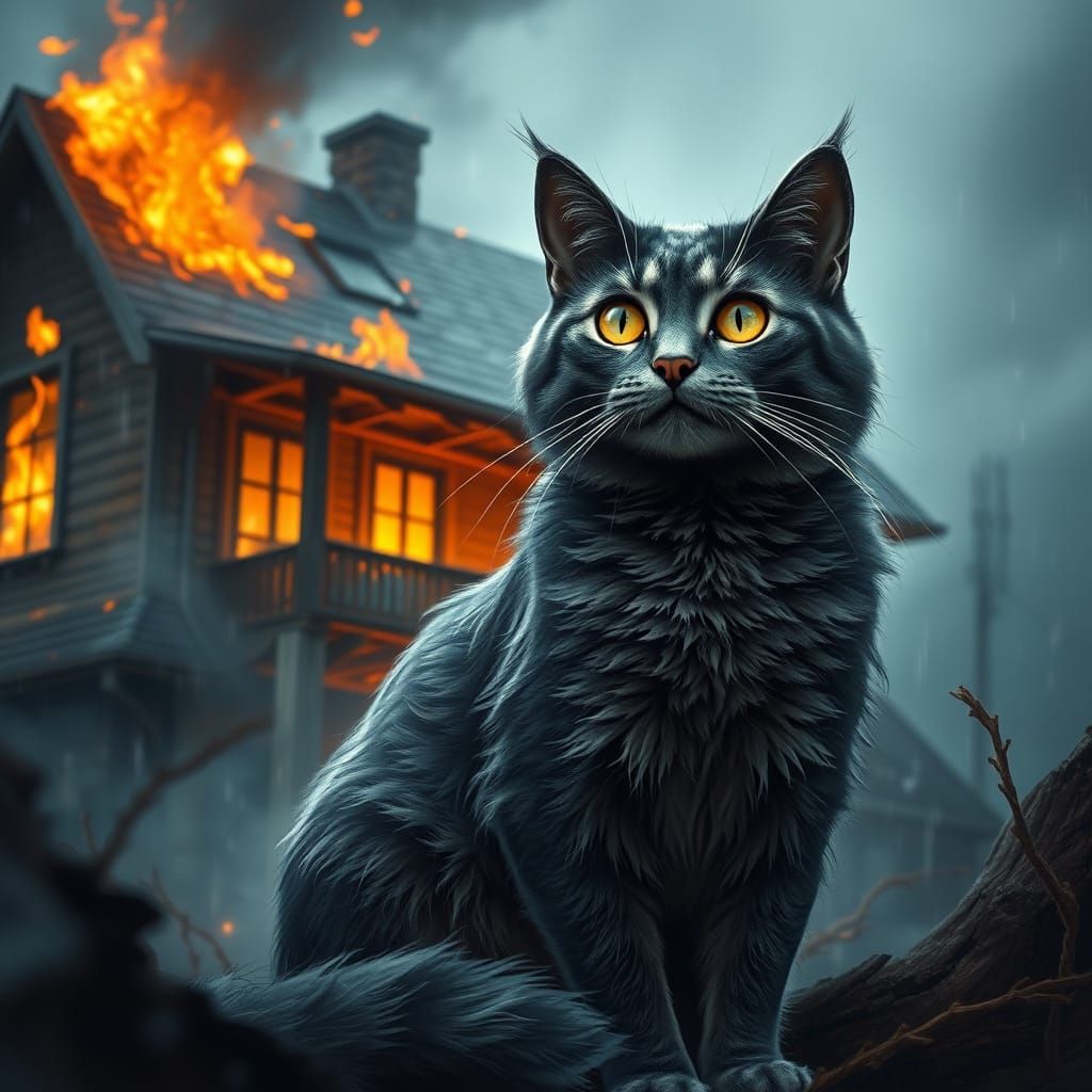 Regal Cat Surrounded by Fiery Inferno in Surreal Beauty