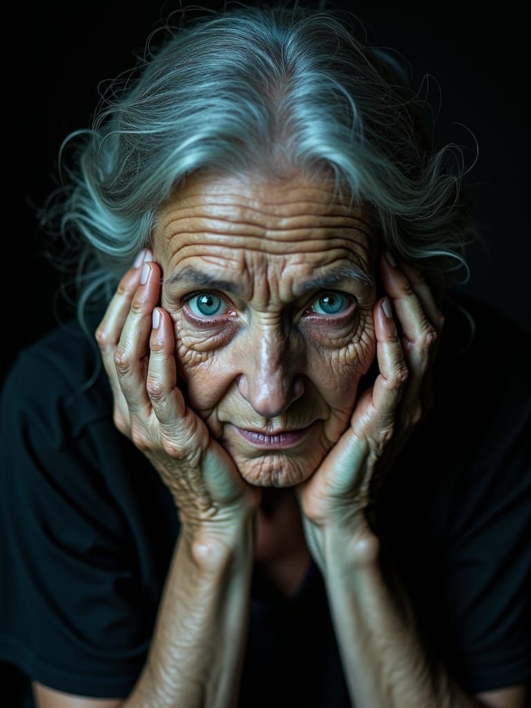 Ethereal Old Woman in Earth Tones: Haunting Grayscale Portra...