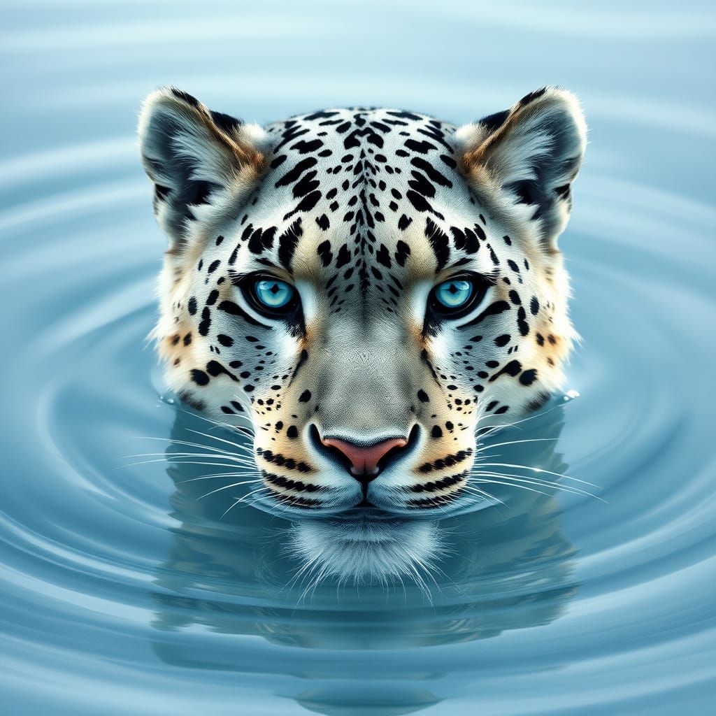 Regal Snow Leopard Emerging from Crystal Water
