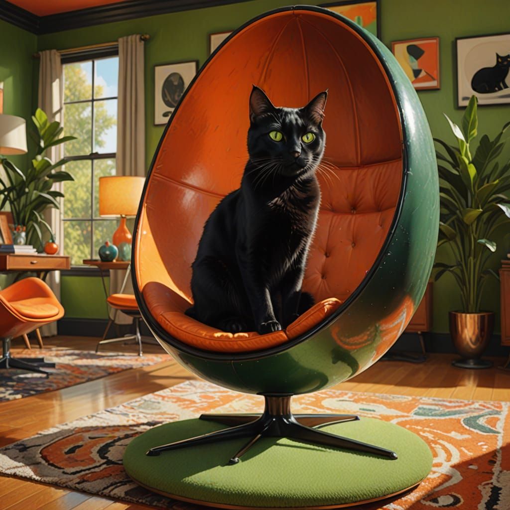 Black Cat in Orange Egg Chair, Mid Century Modern Style