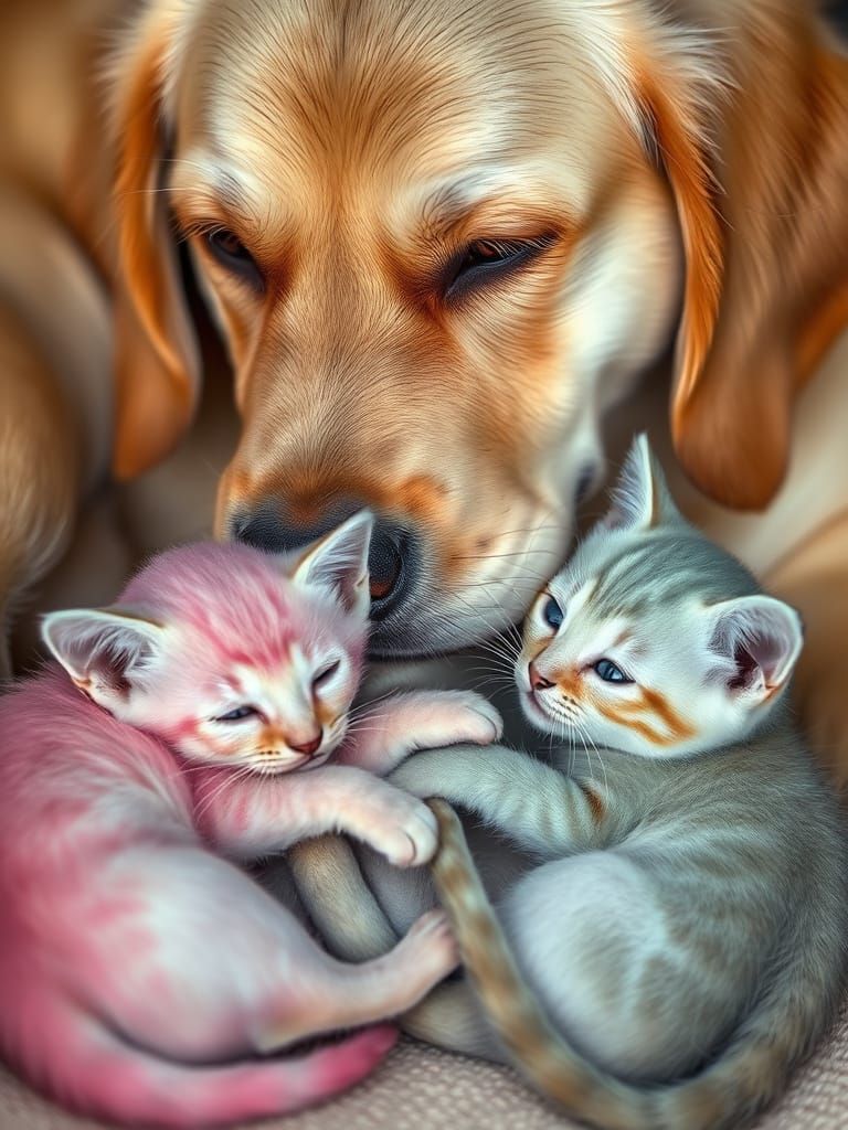 Gentle Lab Nurtures Vibrant Kittens in Whimsical Scene