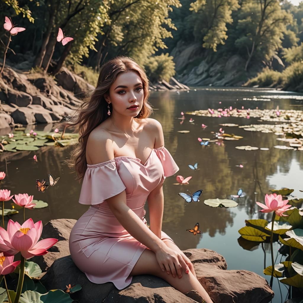 Beautiful Woman with Lotus Flower by River