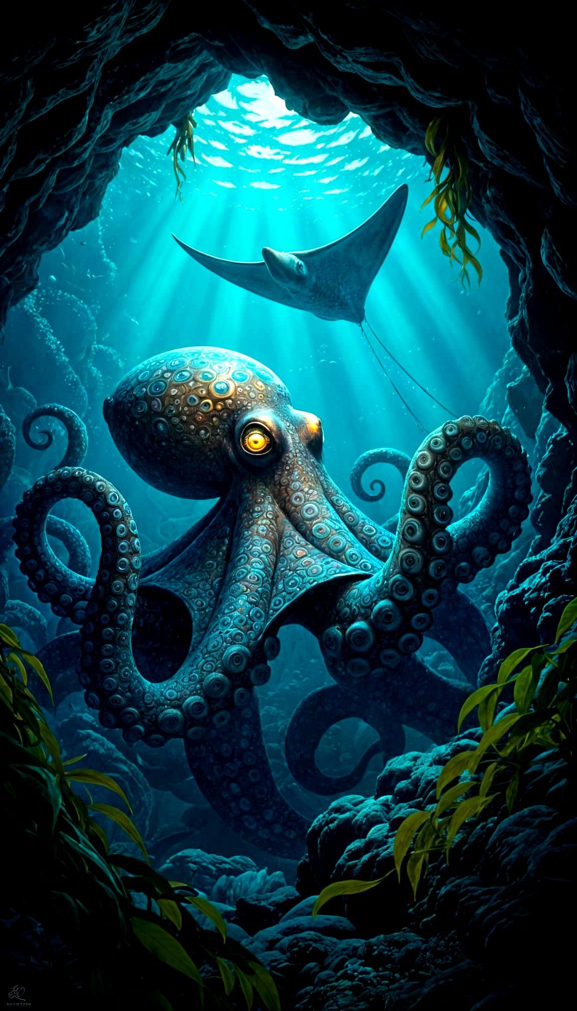 Iridescent Octopus Emerges from Deep Sea Cave