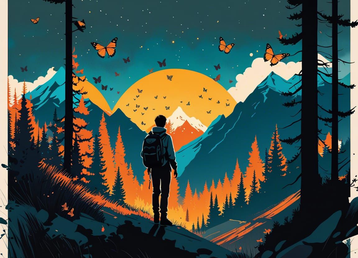 Man and Butterflies in Mountain Landscape
