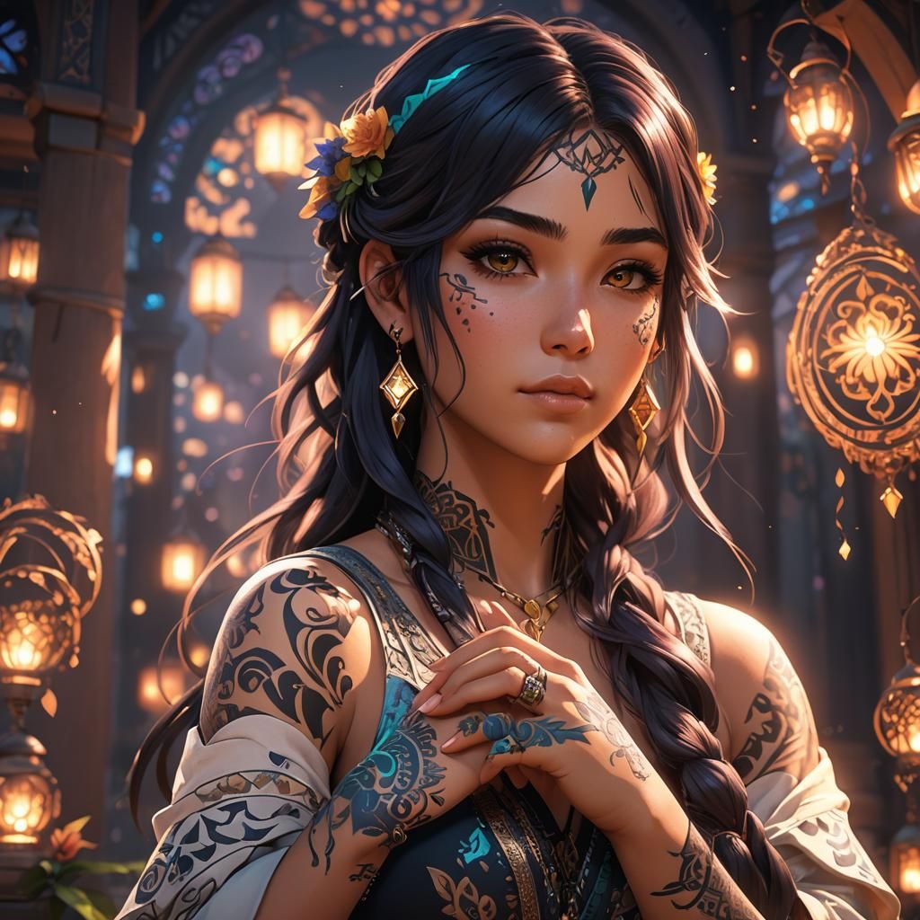 Gypsy Teen Displays Glowing Tattoos in 3D Anime Art