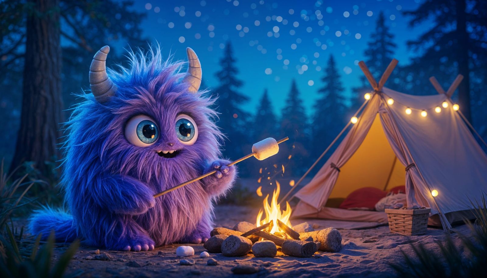 Adorable Fuzz-Monster Camping Trip in Whimsical Style