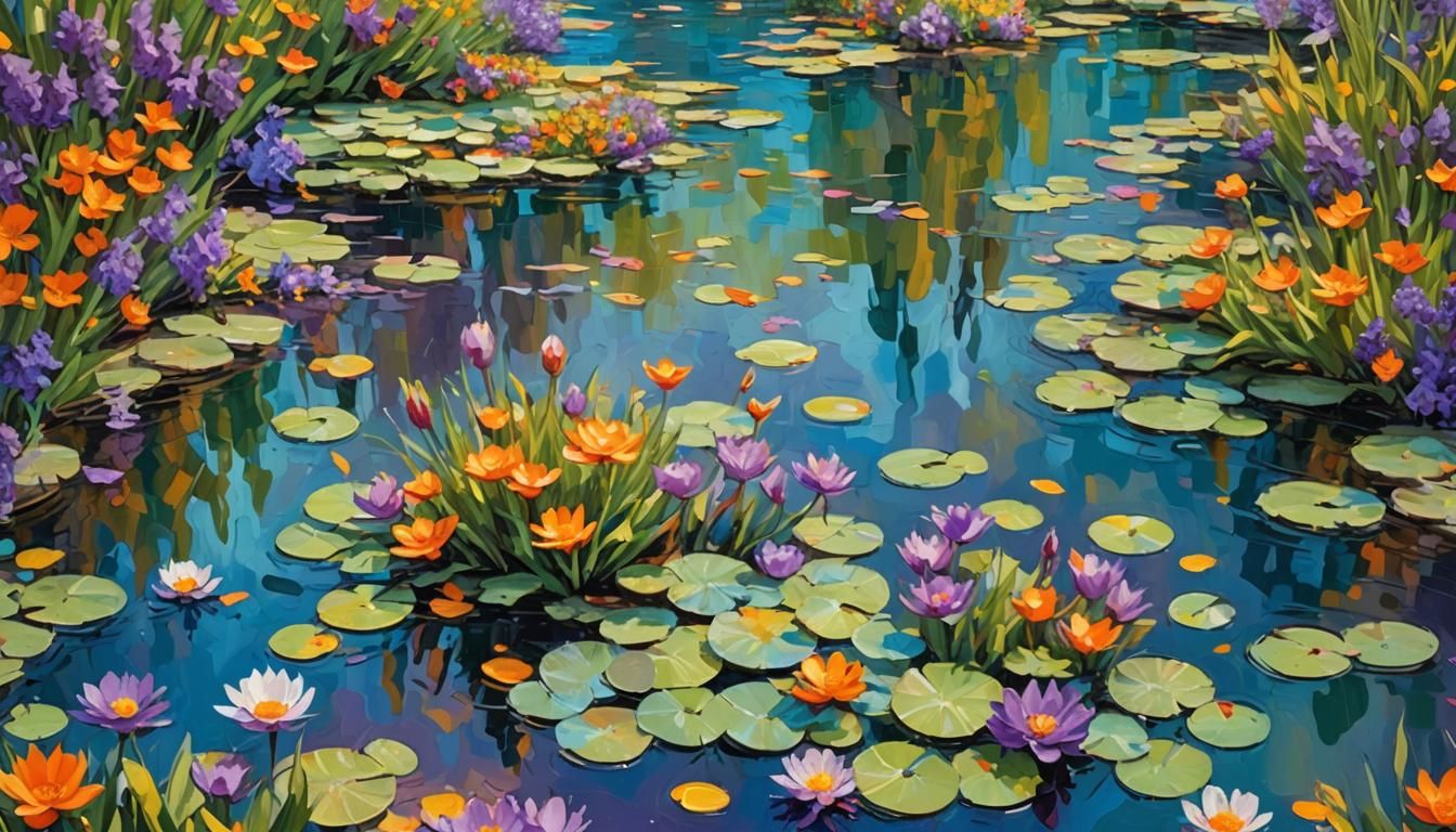 Abstract Expressionist Pond with Flowers as Impasto Painting