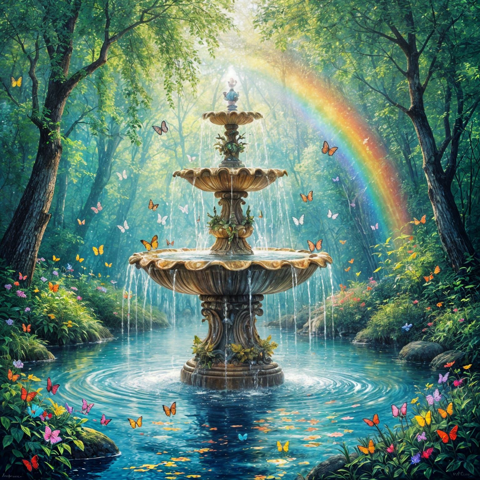 Magical Forest Fountain: An Impressionistic Dreamscape