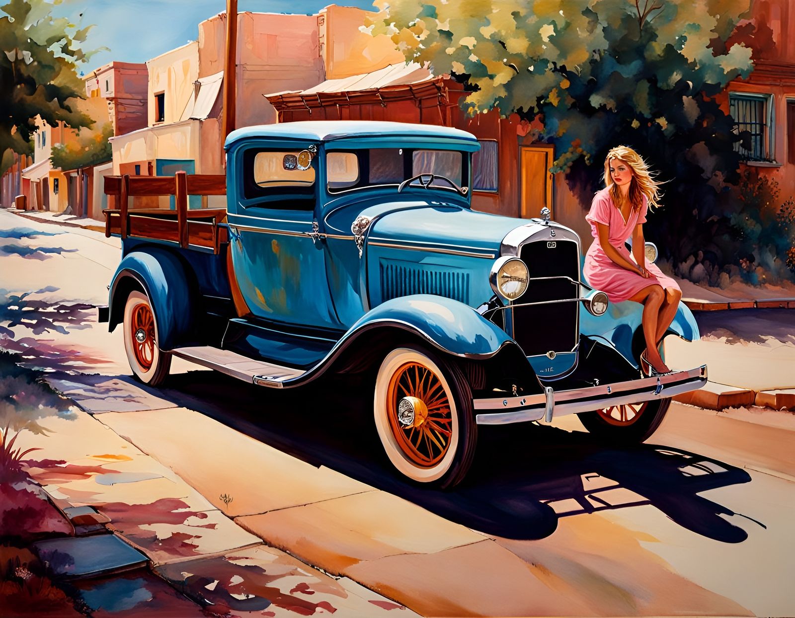 Winslow Arizona Woman in Retro Oil and Watercolor