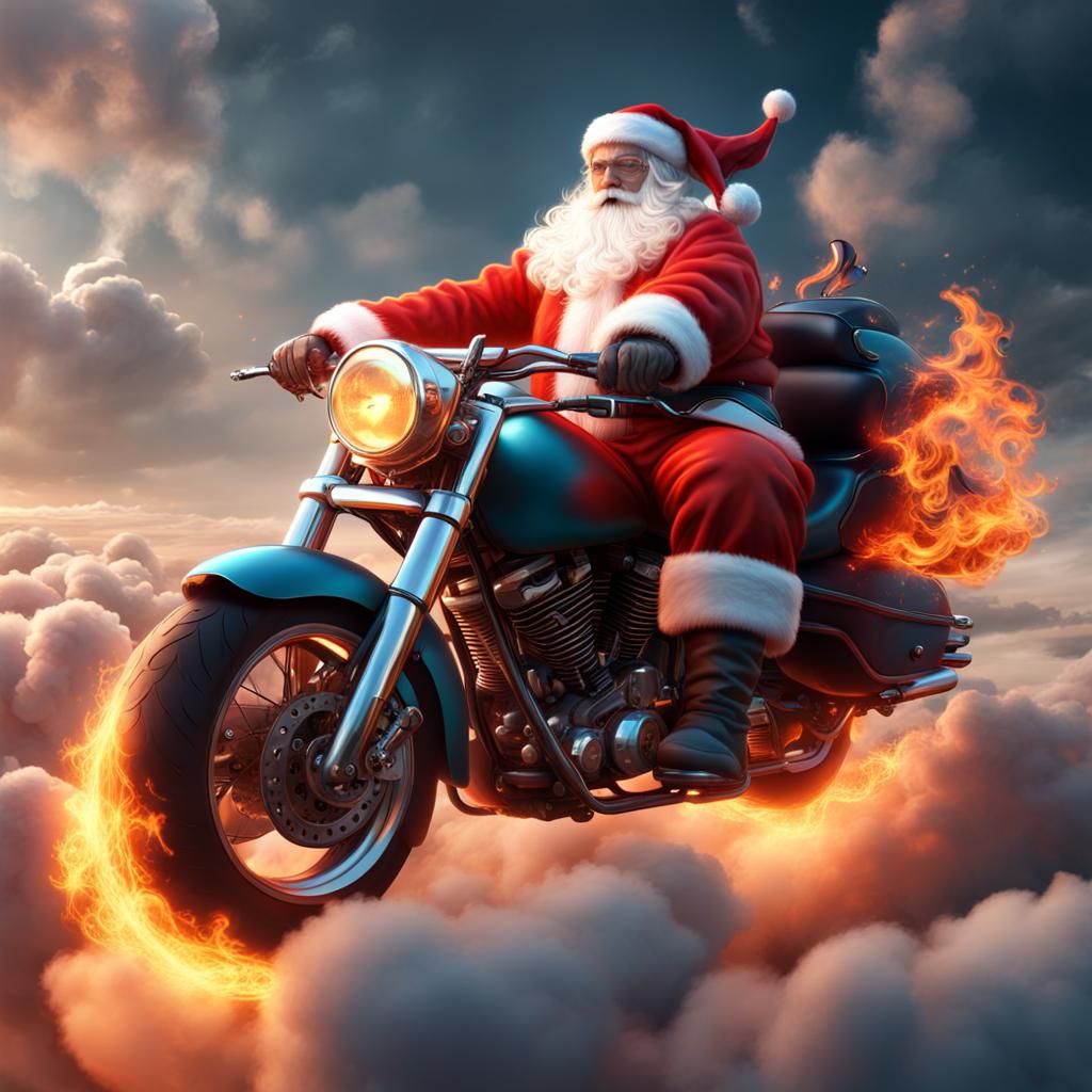 Santa Claus Rides Motorcycle Through Clouds