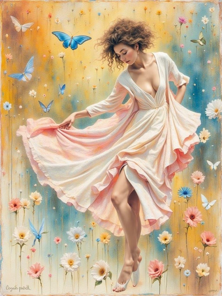 Elegant Woman in Surreal Landscape as Impasto Painting