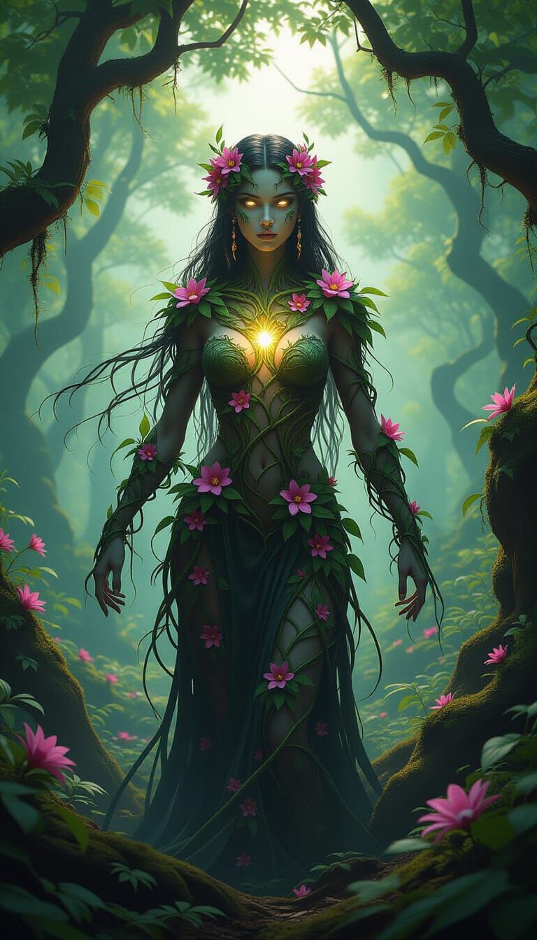 Blooming Vine Elemental in Ancient Forest, Dark Fantasy