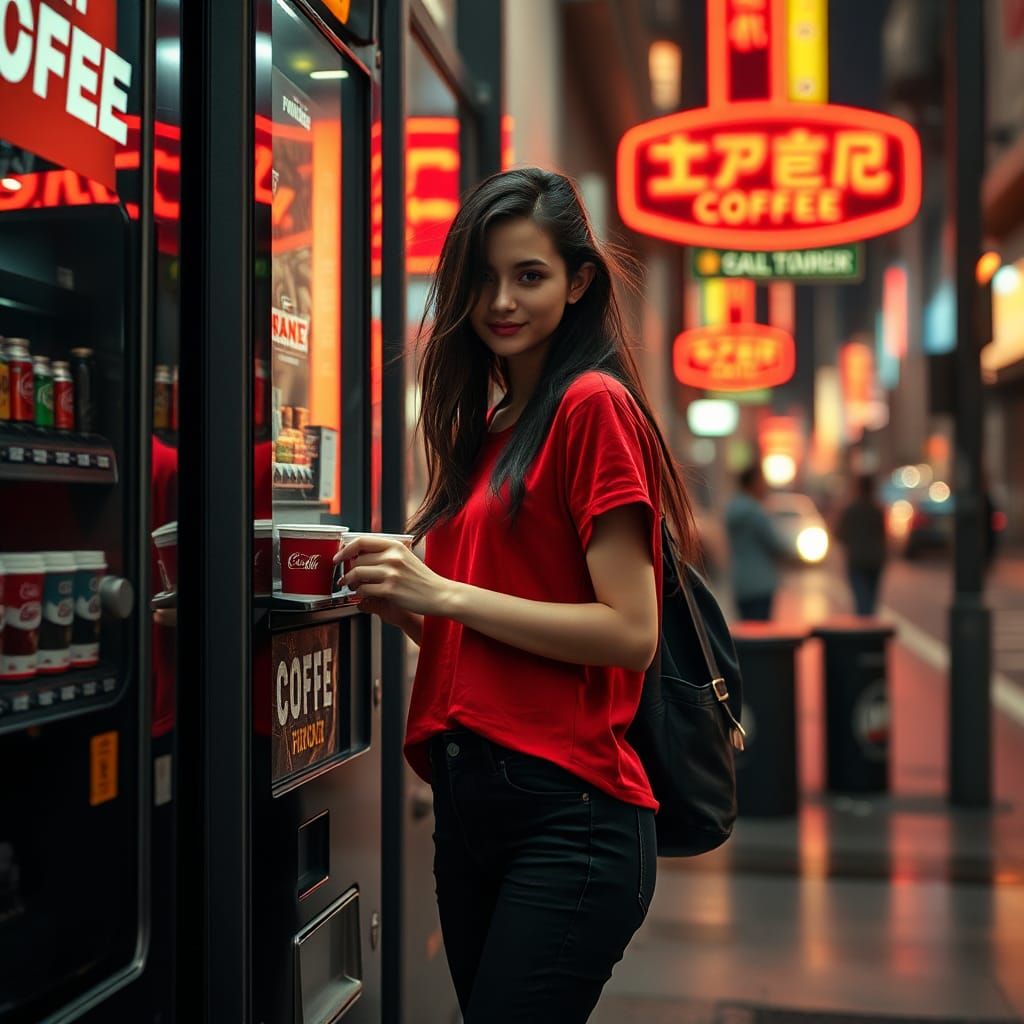 Girl Buying Coffee in Cyberpunk Cityscape