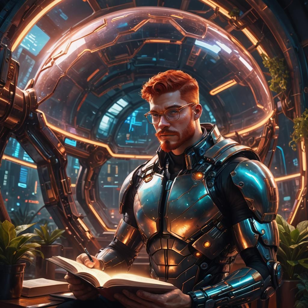 Cyborg Reading in Futuristic Dome