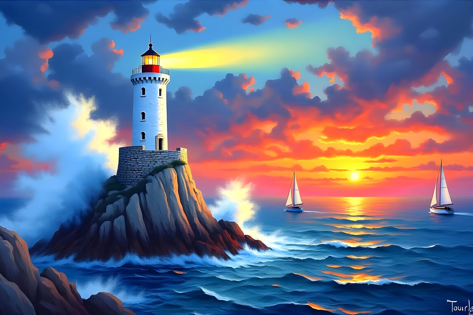 Greek Lighthouse Sunset: Neo-Impressionist Impasto Painting