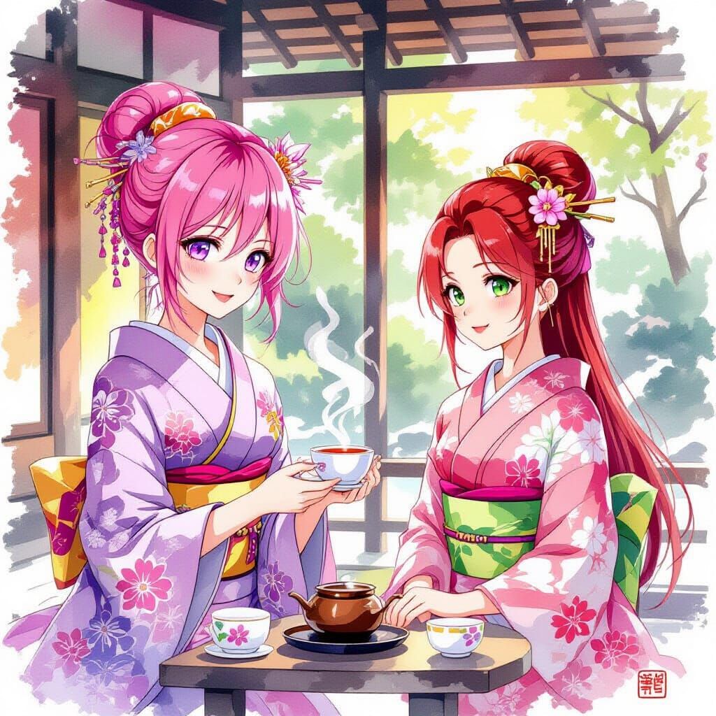 Japanese Tea Ceremony in Watercolor Splatter Style