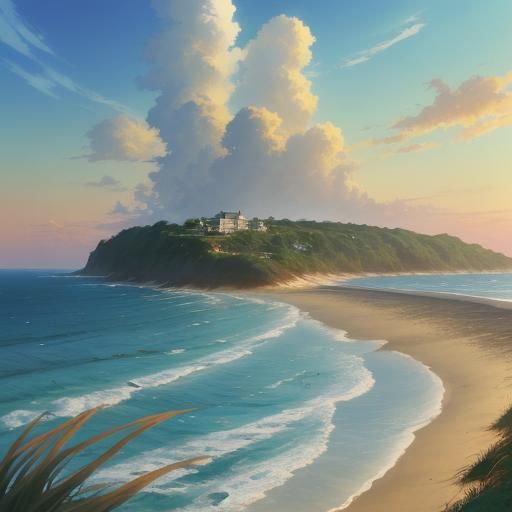 Sunset Beach Scene in Anime Watercolor Style