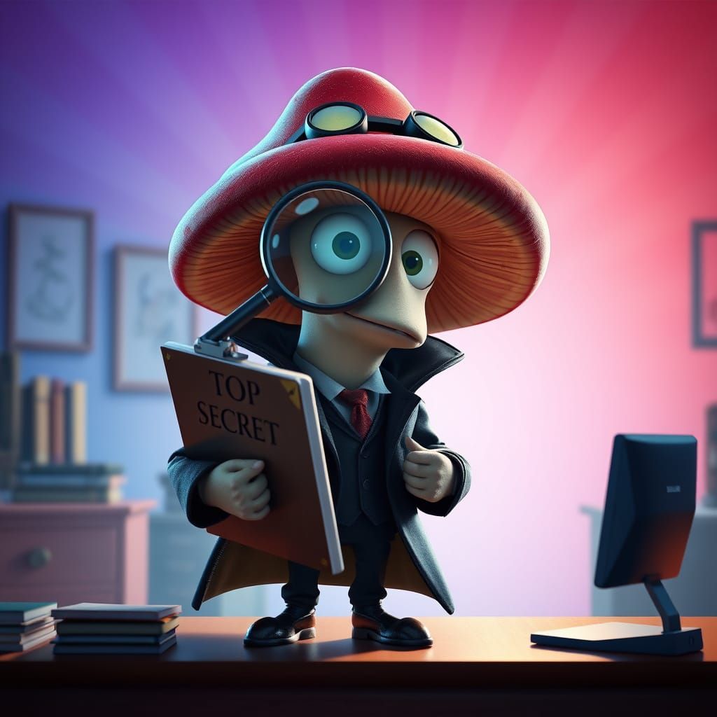 Mushroom Spy in a Pixar-Inspired Office