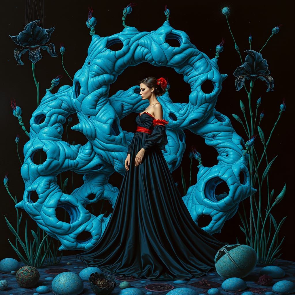 Surreal Woman in Molecular Landscape